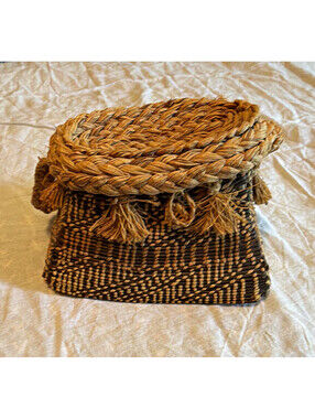 Vintage Handwoven Basket Purse Natural Fiber Geometric Tassel Shoulder Bag